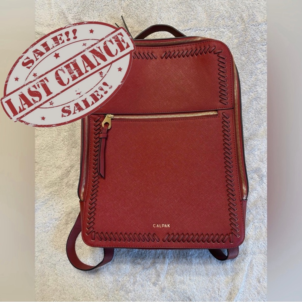 Calpak Red Faux Leather 15” Laptop Backpack with Gold Accents